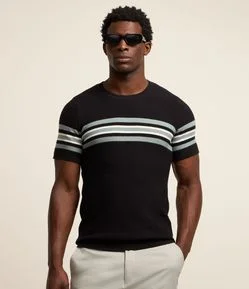Camiseta Slim em Algodão com Textura e Listras Horizontais