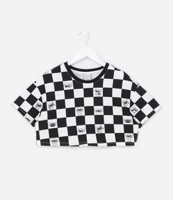Camiseta Cropped Infantil com Estampa do Stitch Xadrez - Tam 5 a 14 Anos