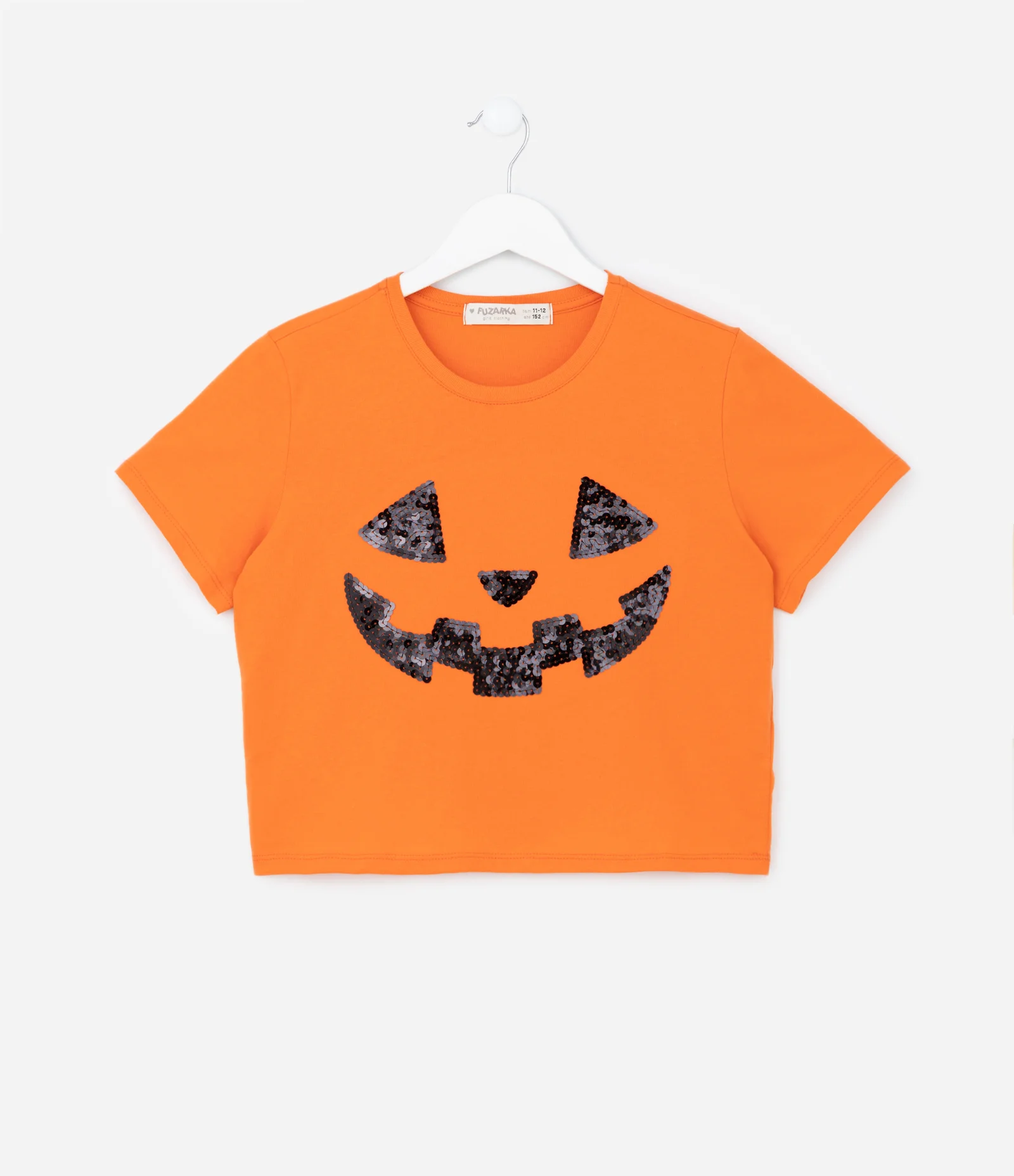 Camiseta Cropped Infantil com Bordado Cara de Abóbora - Tam 5 a 14 Anos Laranja 1