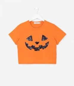 Camiseta Cropped Infantil com Bordado Cara de Abóbora - Tam 5 a 14 Anos