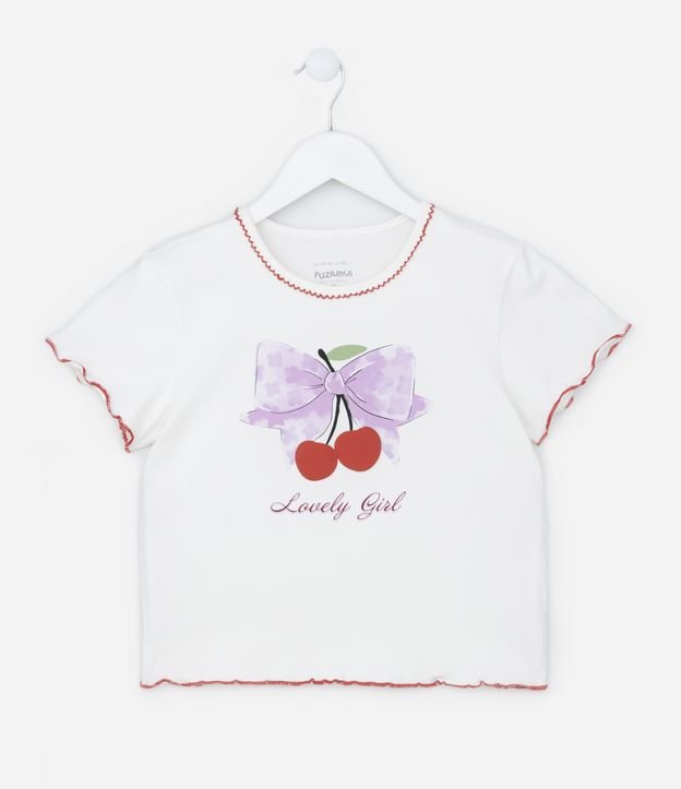 Blusa Baby Look Infantil com Estampa de Cerejinha e Frufru - Tam 7 a 14 Anos