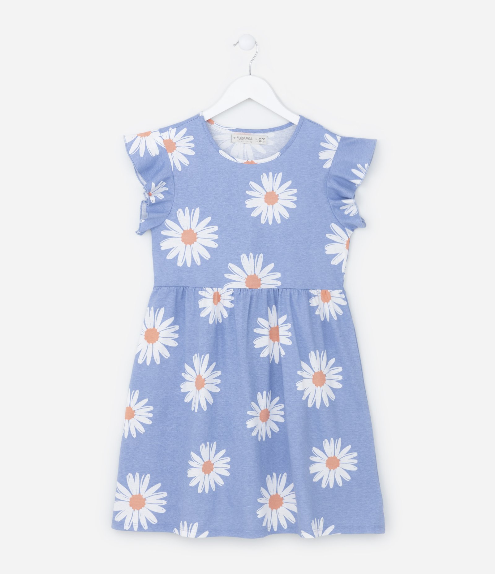 Vestido Infantil em Algodão com Babados e Estampa de Margaridas - Tam 5 a 14 Anos Azul 1