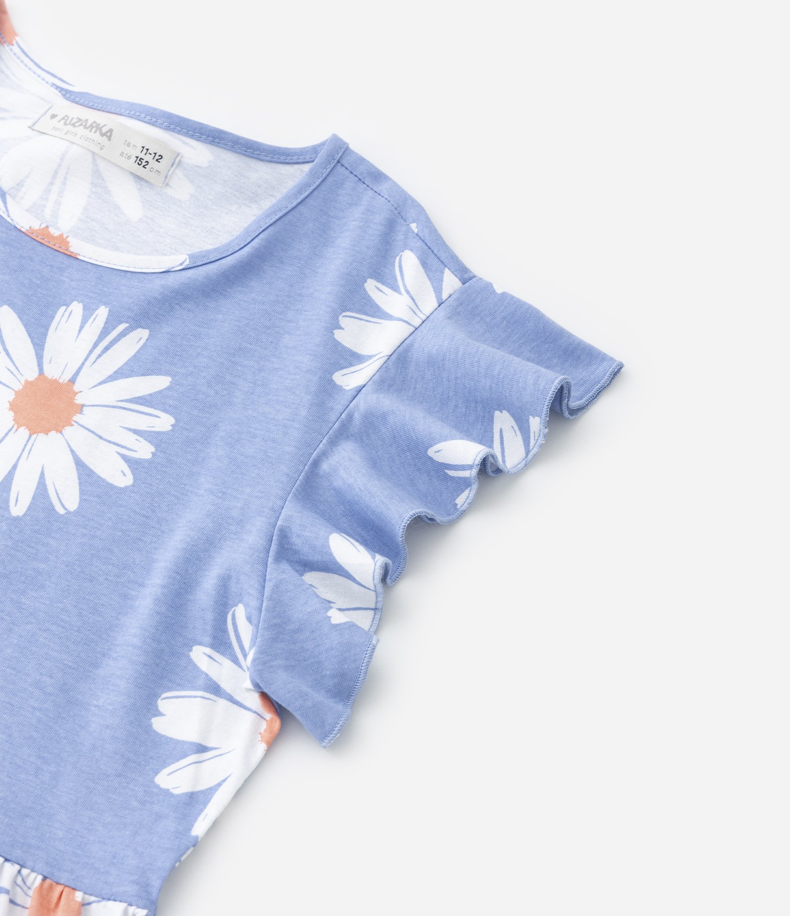 Vestido Infantil em Algodão com Babados e Estampa de Margaridas - Tam 5 a 14 Anos Azul 4