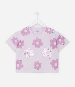Blusa Cropped Infantil com Estampa Floral Bold com Paetês - Tam 5 a 14 Anos