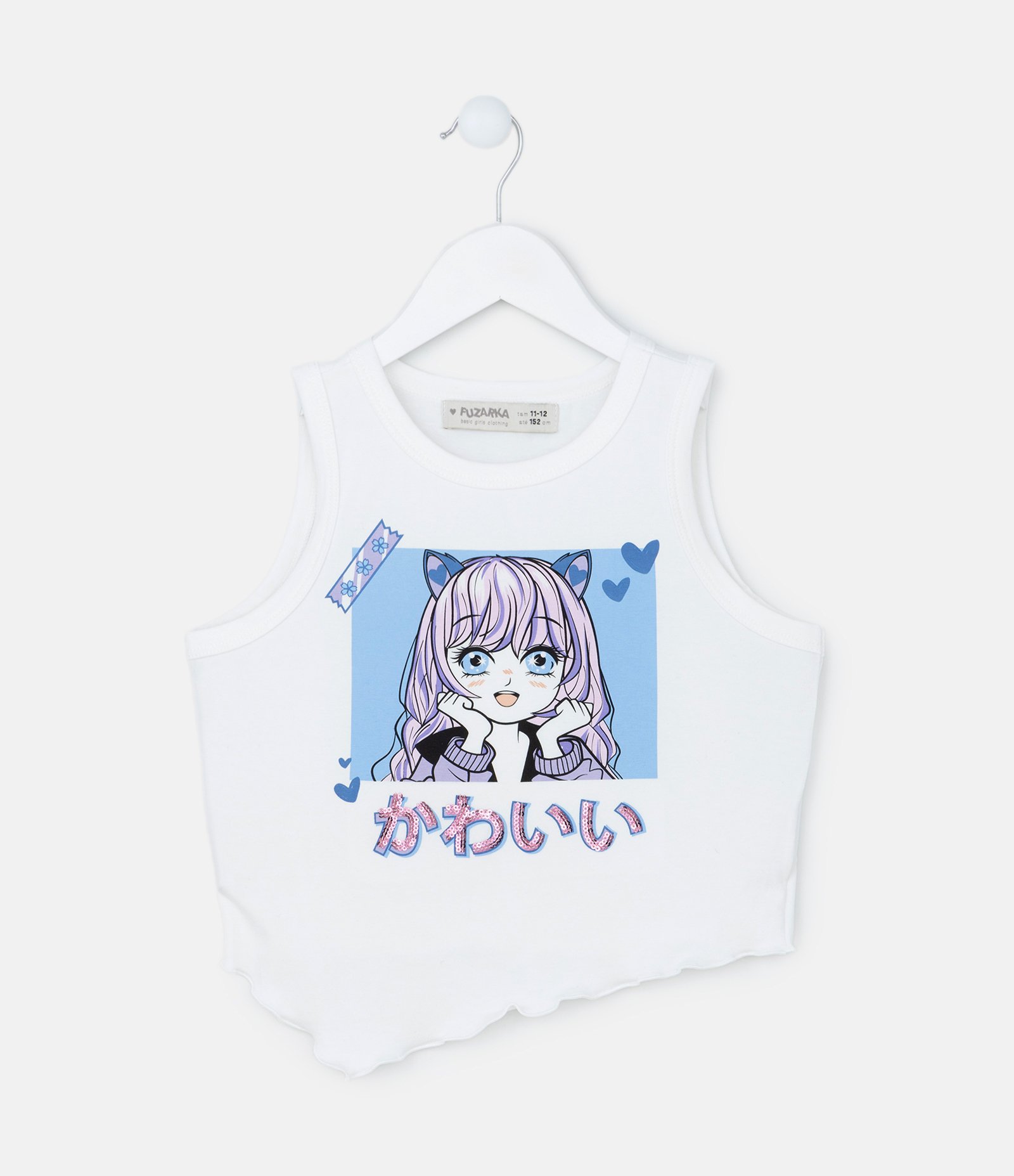 Regata Infantil com Estampa de Anime e Barra Assimétrica - Tam 7 a 14 Anos Branco Neve 1