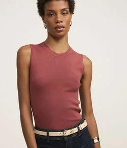 Blusa Sem Manga em Tricô Canelado com Gola Redonda
