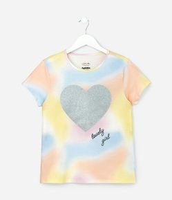 Camiseta Infantil com Estampa Tie Dye e Coração em Glitter - Tam 5 a 14 Anos
