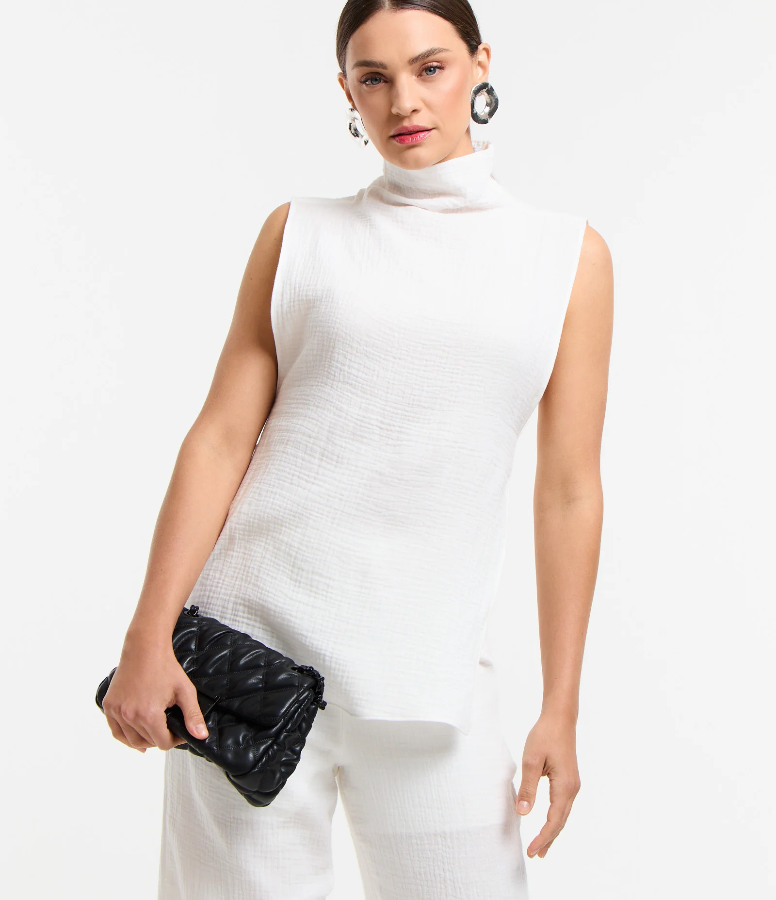 Blusa Texturizada em Algodão com Gola Alta e Cava Ampla Branco 1