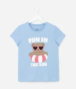 Camiseta Infantil com Estampa Ursinho na Boia - Tam 5 a 14 Anos