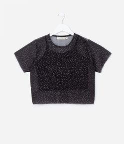 Camiseta Infantil com Sobreposição e Estampa Poá - Tam 5 a 14 Anos