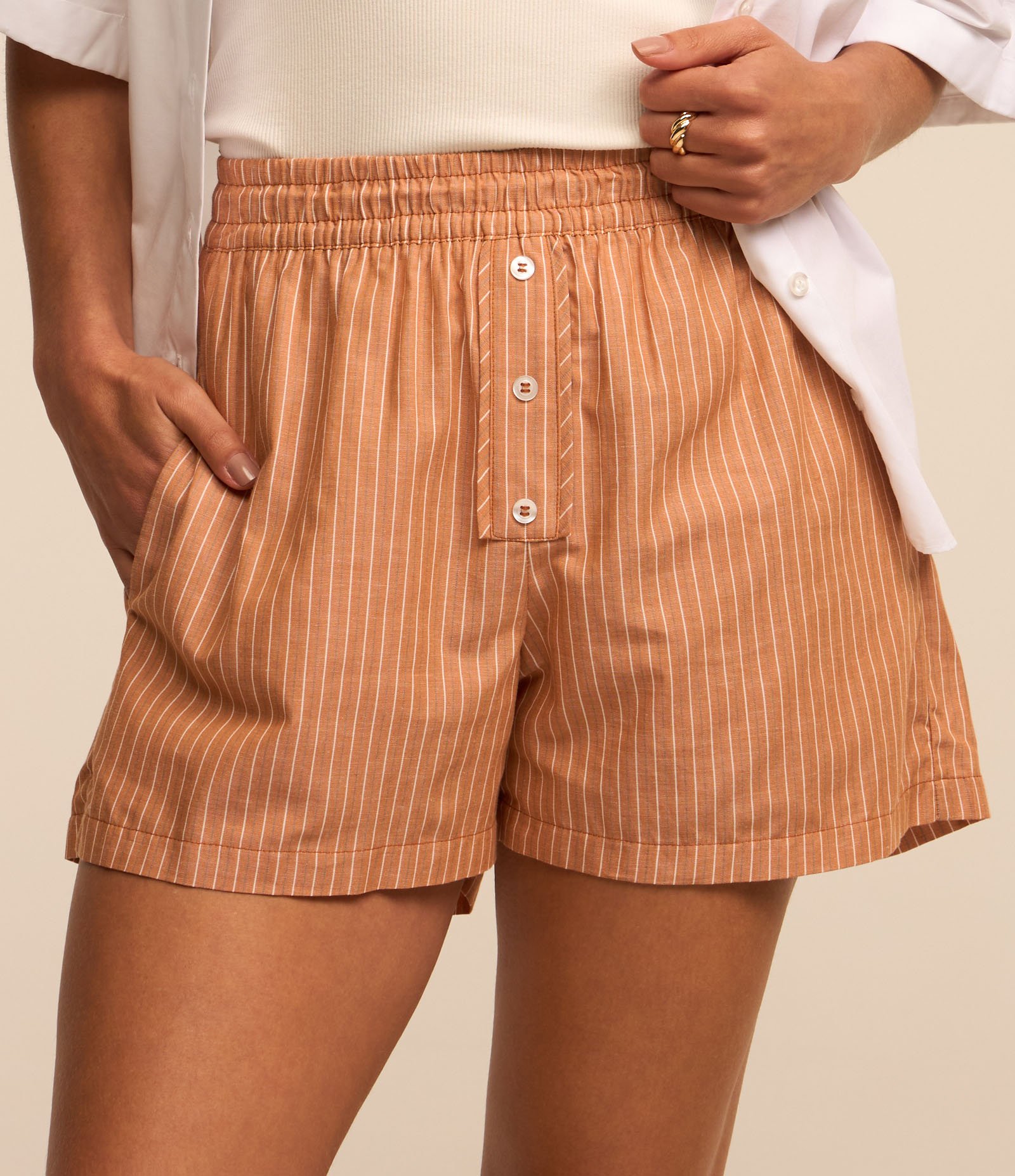 Short em Tricoline com Cós Elástico e Botões Frontais Laranja 3