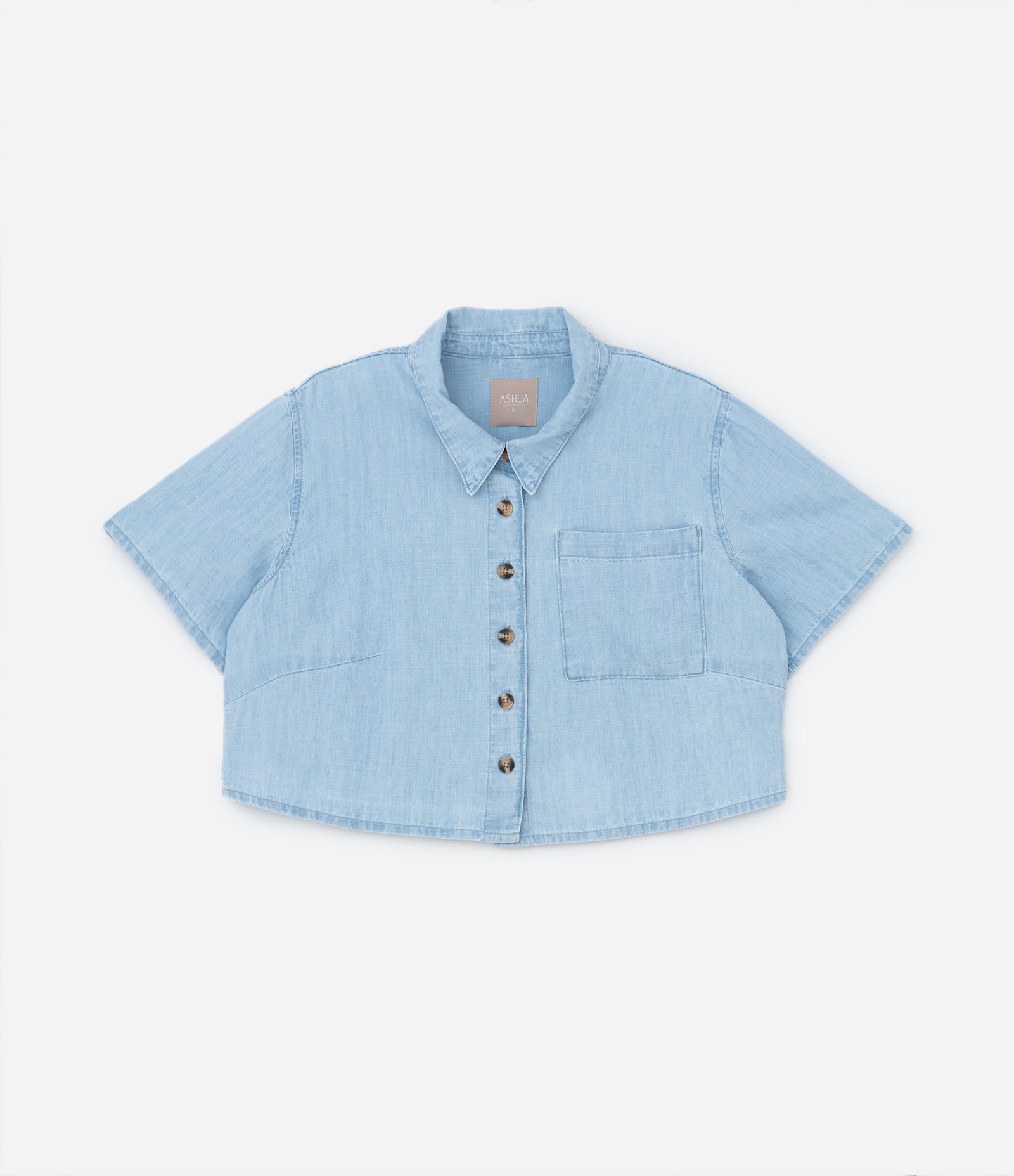 Camisa Cropped em Jeans Leve com Bolso Curve & Plus Size Azul 5