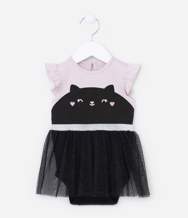 Vestido Body Infantil com Estampa Gatinha com Saia de Tule - Tam 0 a 18 meses