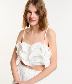 Blusa Cropped em Viscose e Linho com Babados