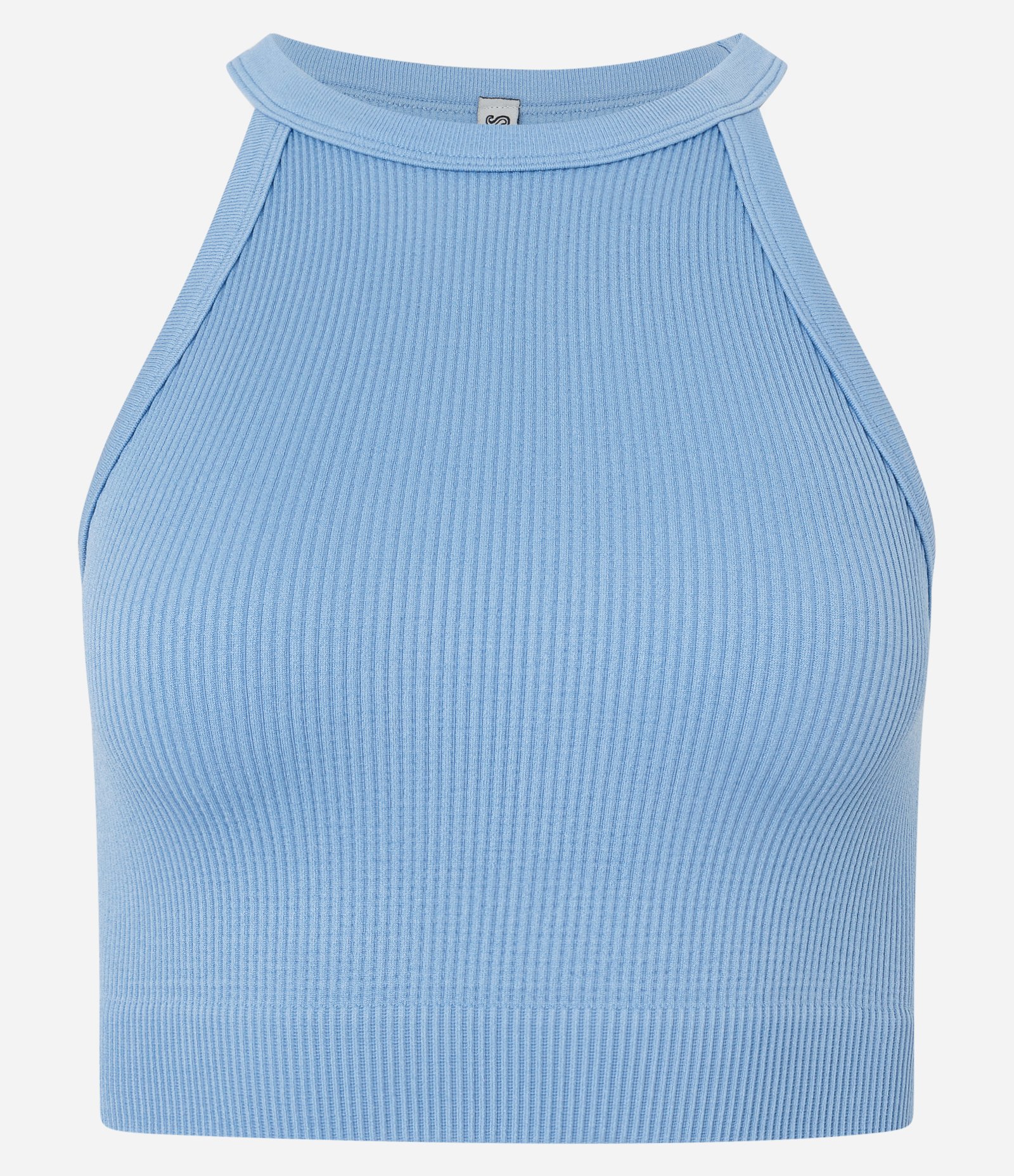 Blusa Cropped Sem Manga e Sem Costura com Decote Halter Azul 4