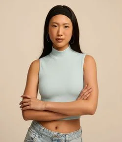 Blusa Regata em Poliamida Canelada Sem Costura e com Golinha Alta
