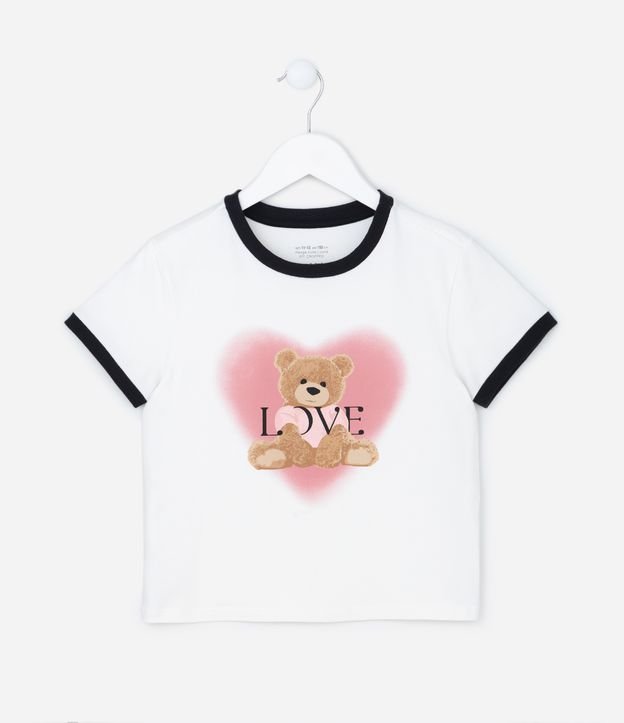 Blusa Baby Look Infantil em Algodão com Estampa Ursinho e Coração - Tam 5 a 14 Anos