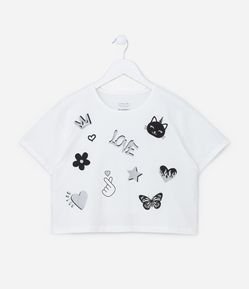 Camiseta Relaxed  com Estampa de Doodles - Tam 5 a 14 Anos