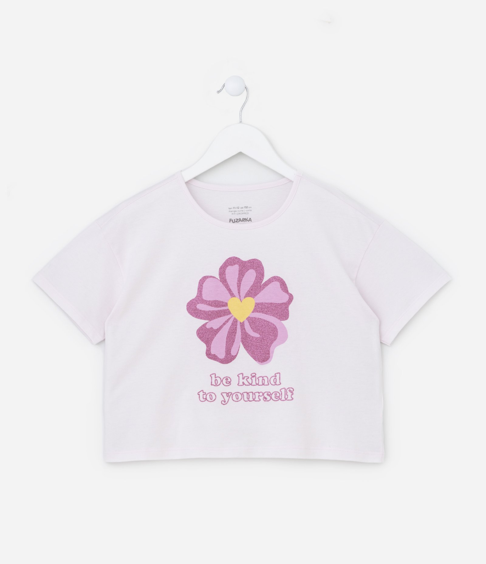 Camiseta T-shirt Cropped com Estampa de Flor com Glitter - Tam 5 a 14 Anos Rosa 1
