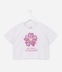 Camiseta T-shirt Cropped com Estampa de Flor com Glitter - Tam 5 a 14 Anos