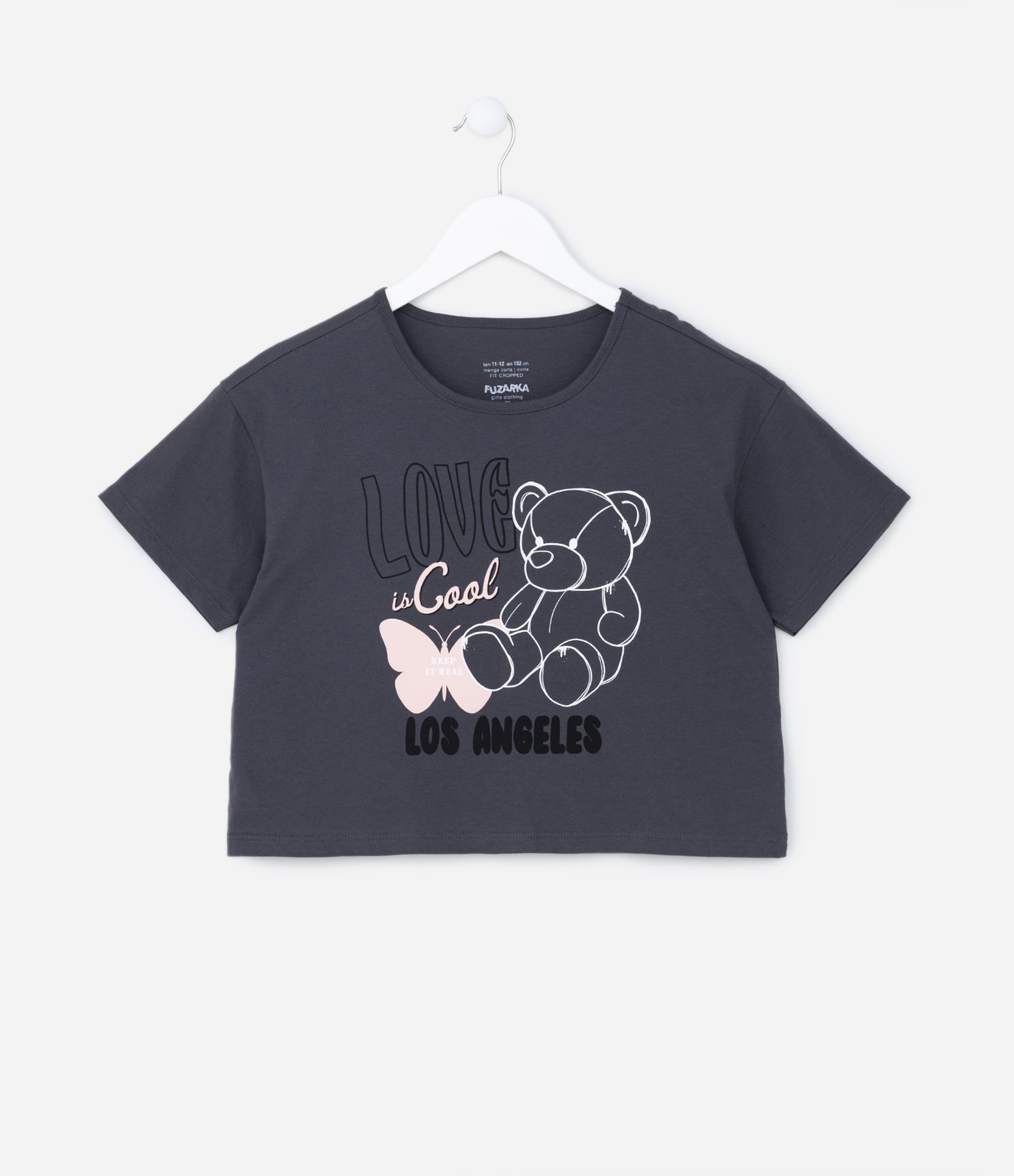 Camiseta Cropped Infantil com Estampa de Ursinho - Tam 5 a 14 Anos Cinza 1