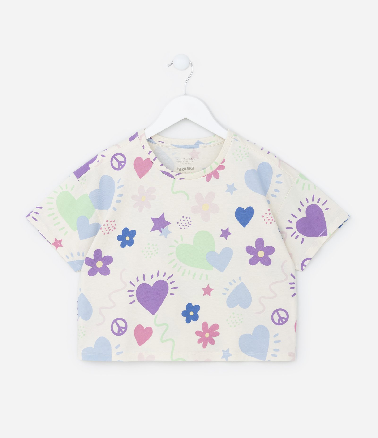 Camiseta Cropped Infantil com Estampa Corações - Tam 5 a 14 Anos Multicores 1
