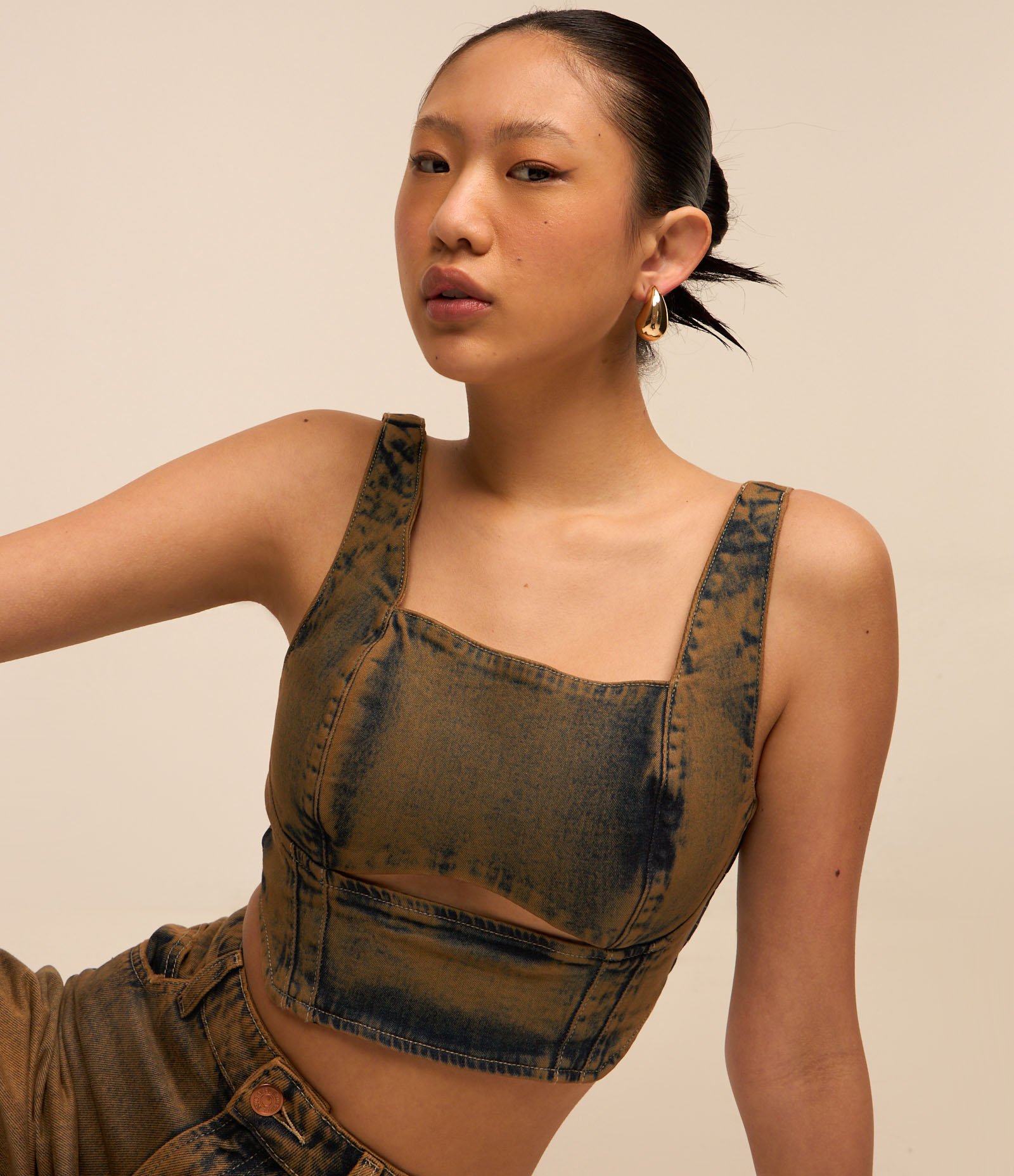 Top de Alça em Jeans Dirty Washed com Lastex Azul 4