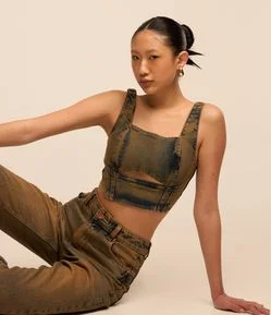 Top de Alça em Jeans Dirty Washed com Lastex