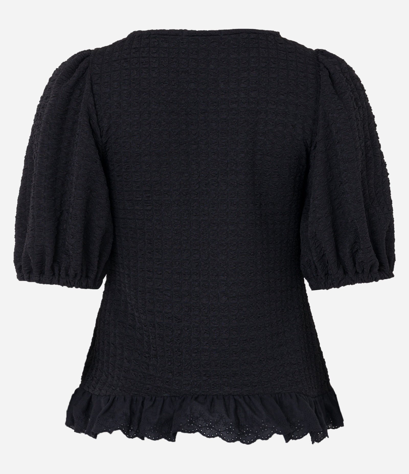 Blusa em Tecido Texturizado com Manga Bufante e Babados Preto 7