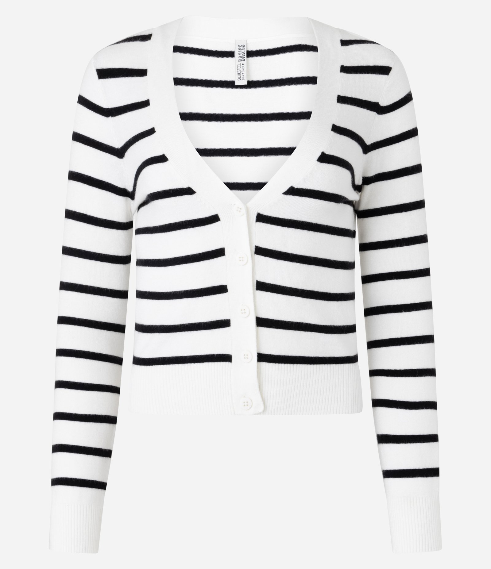 Cardigan Curto em Tricô Listrado com Botões Branco 4