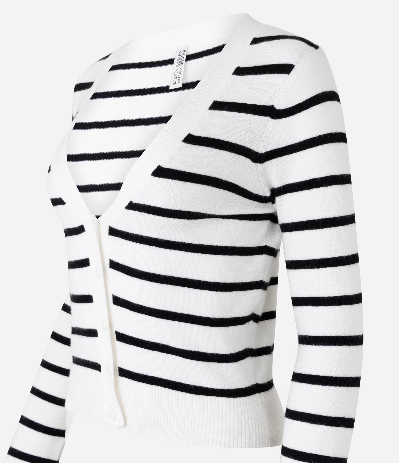 Cardigan Curto em Tricô Listrado com Botões Branco 5