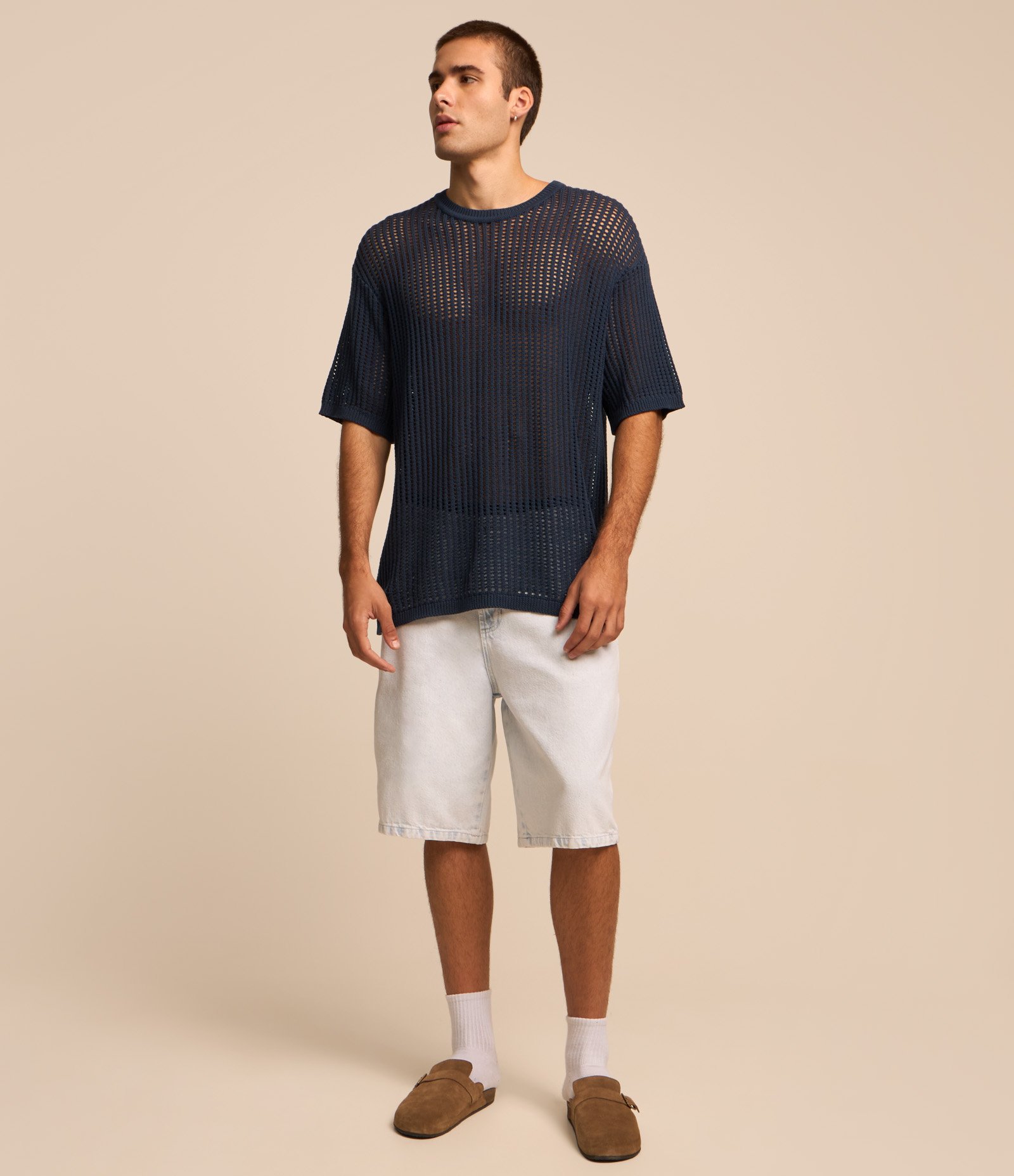 Camiseta Relaxed em Tricô com Ponto Aberto Azul 2