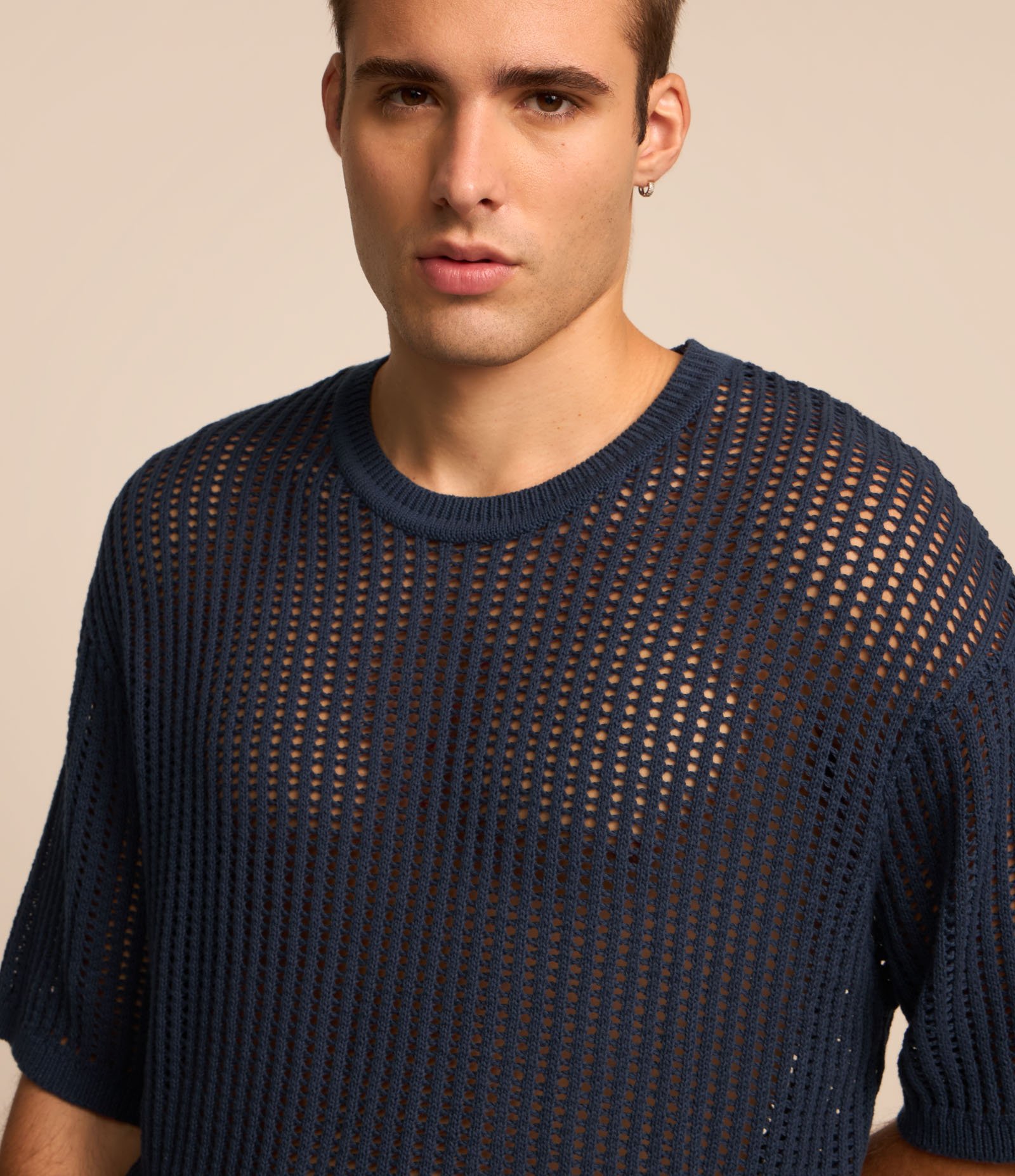 Camiseta Relaxed em Tricô com Ponto Aberto Azul 3