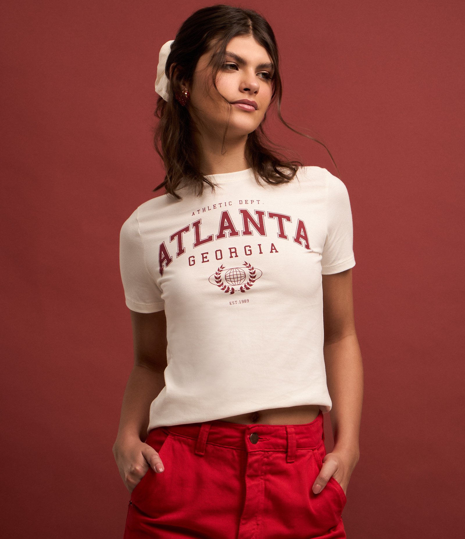 Camiseta Alongada em Algodão com Estampa College Atlanta Branco 3