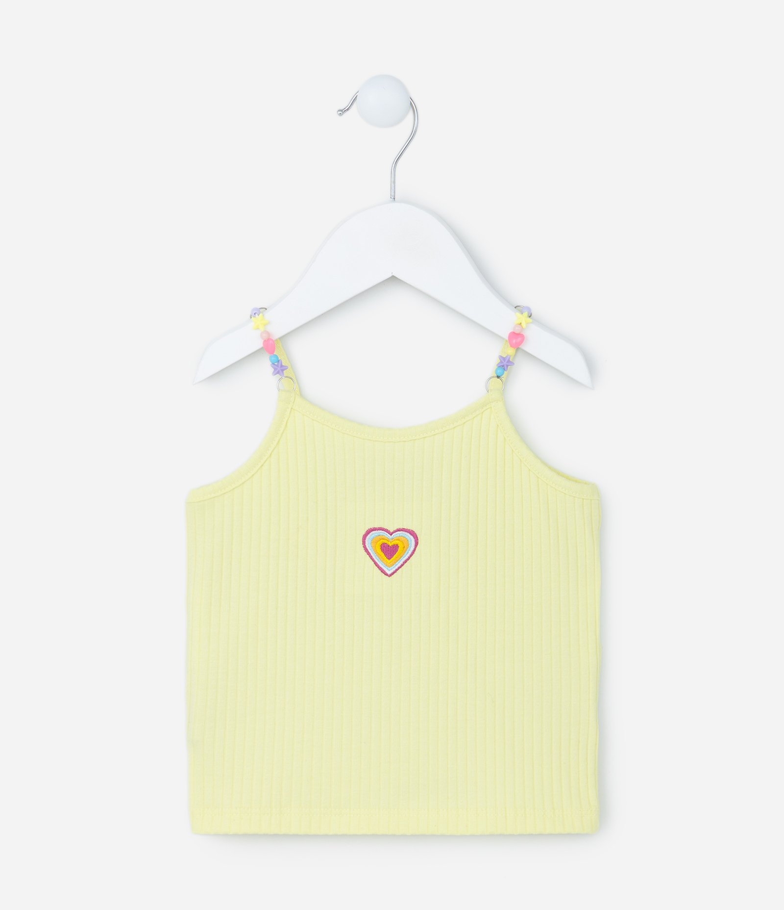 Blusa de Alça Infantil Canelada com Bordado de Coração - Tam 2 a 5 Anos Amarelo 1