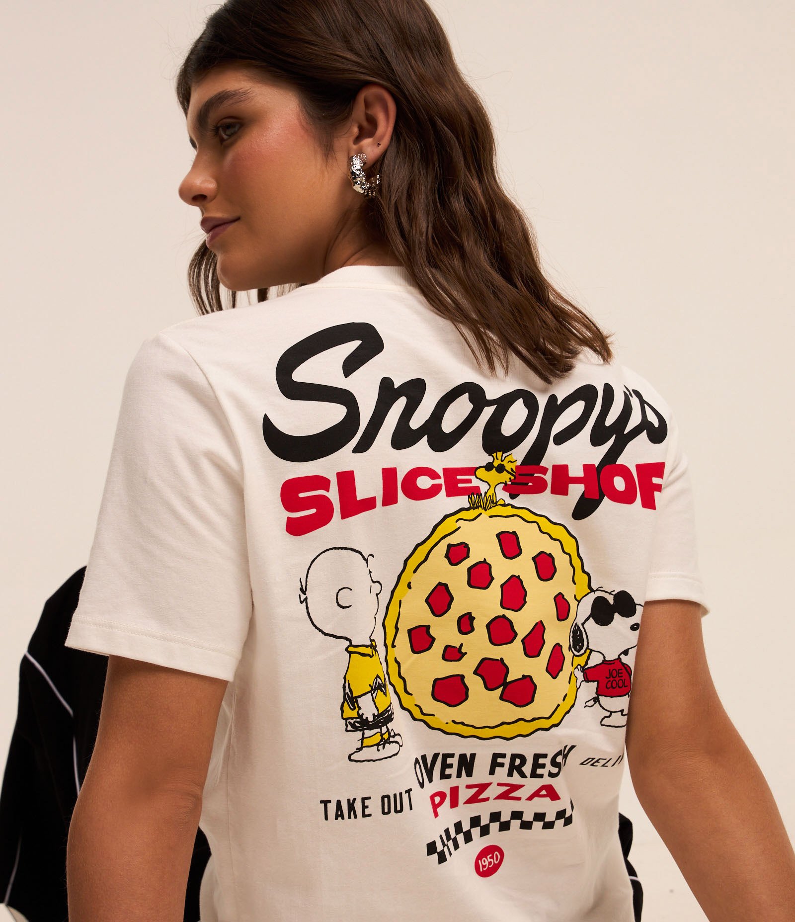 Camiseta Alongada em Algodão com Estampa do Snoopy Pizza Branco 1