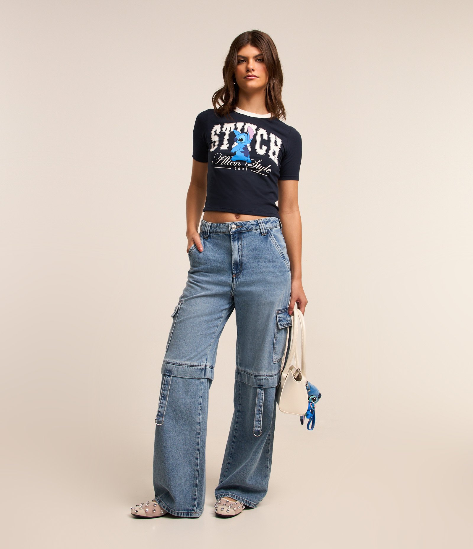 Camiseta Curta em Algodão com Estampa Stitch Azul Marinho 2