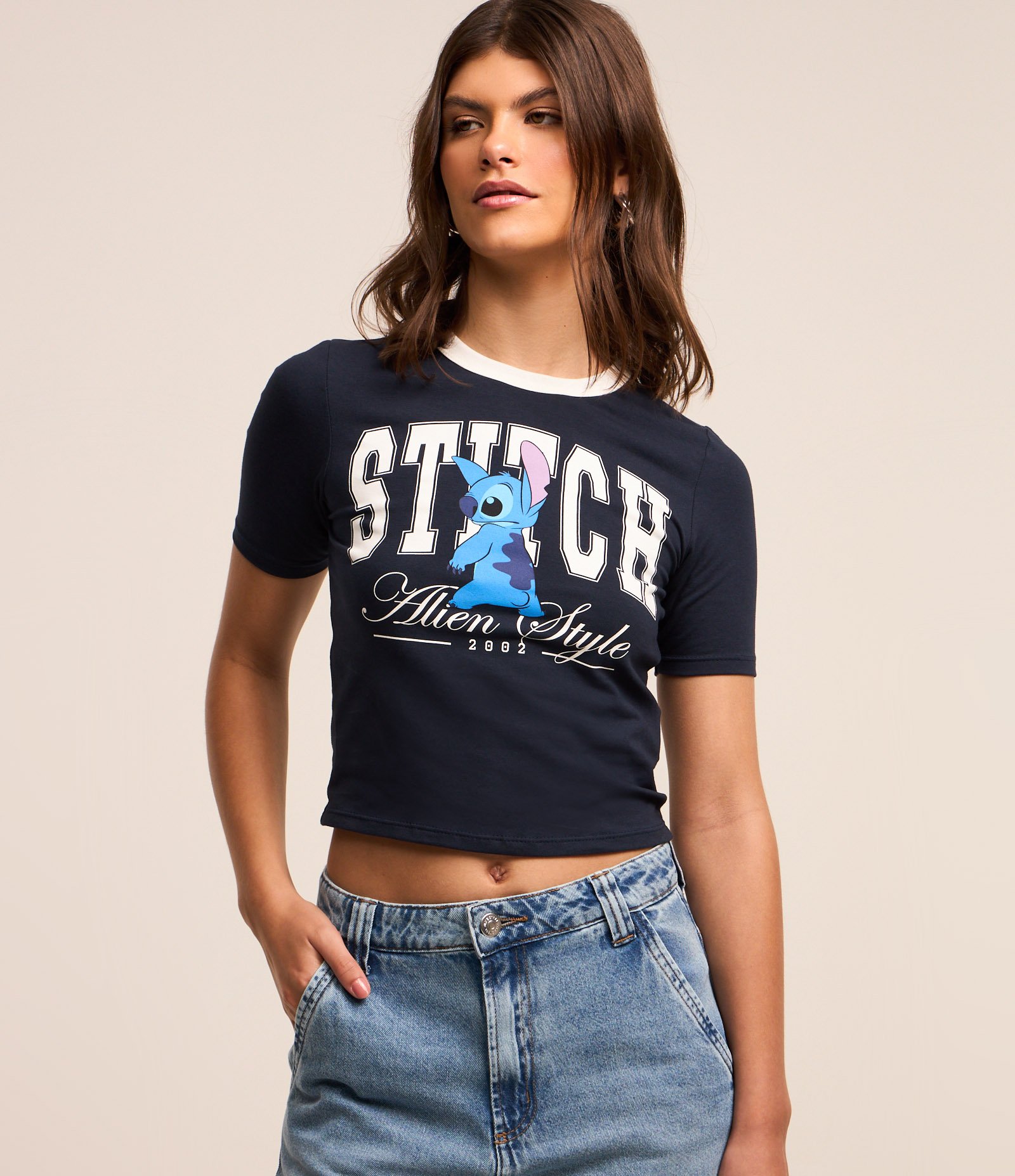 Camiseta Curta em Algodão com Estampa Stitch Azul Marinho 3