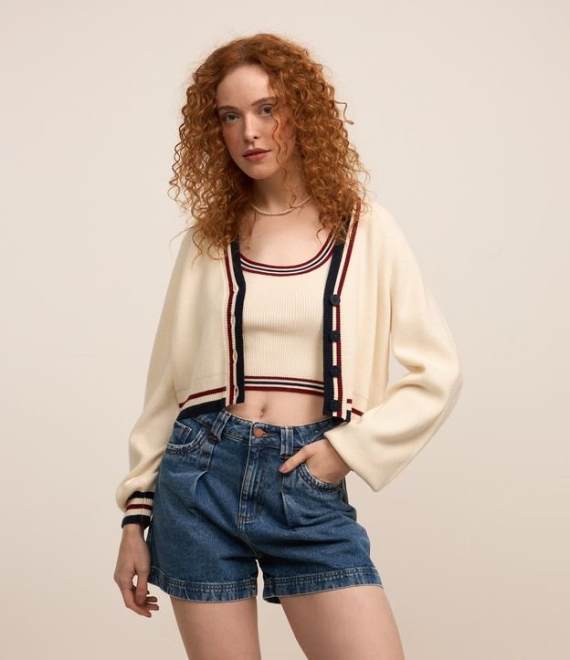 Cardigan Curto em Tricô em Botões e Listras