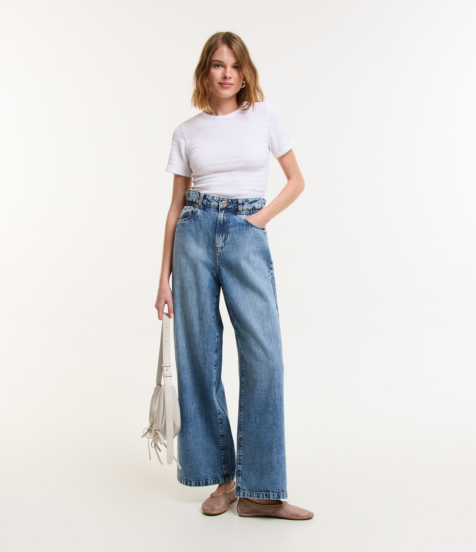 Calça Wide Leg em Jeans Marmorizado com Cós Clochard Azul 1