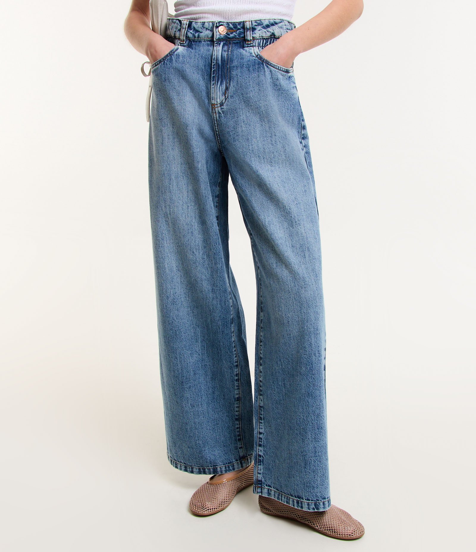 Calça Wide Leg em Jeans Marmorizado com Cós Clochard Azul 2