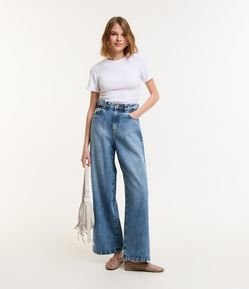 Calça Wide Leg em Jeans Marmorizado com Cós Clochard