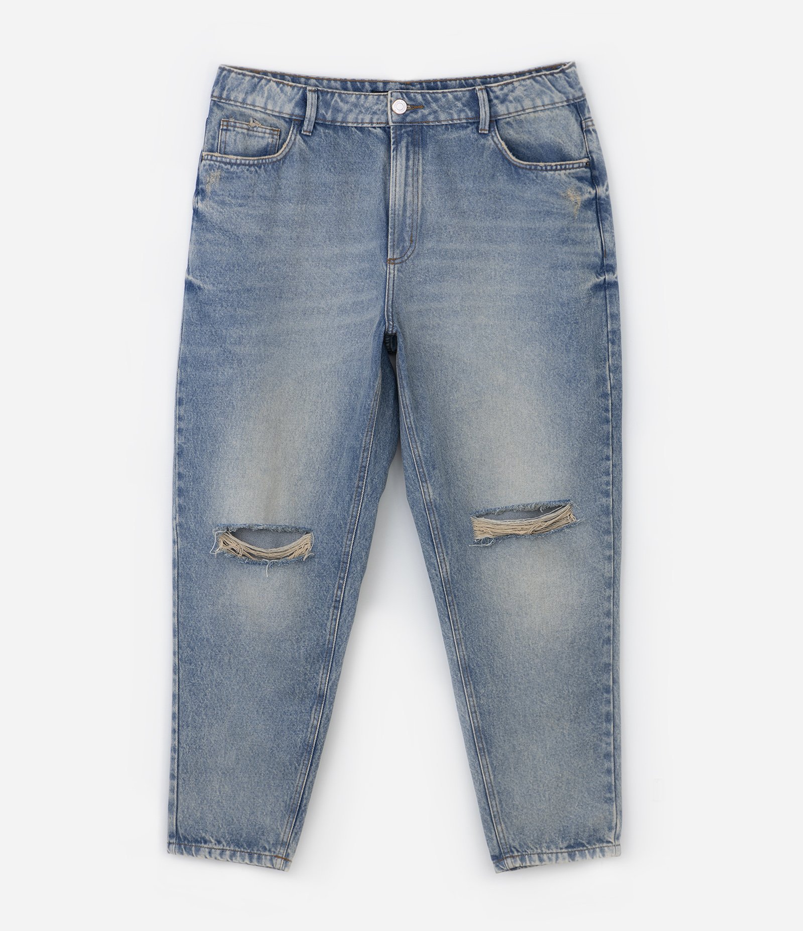 Calça Mom Jeans com Rasgos e Lavagem Dirty Curve & Plus Size Azul 6