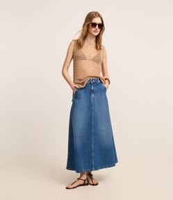 Saia Midi Evasê em Jeans com Recorte no Viés