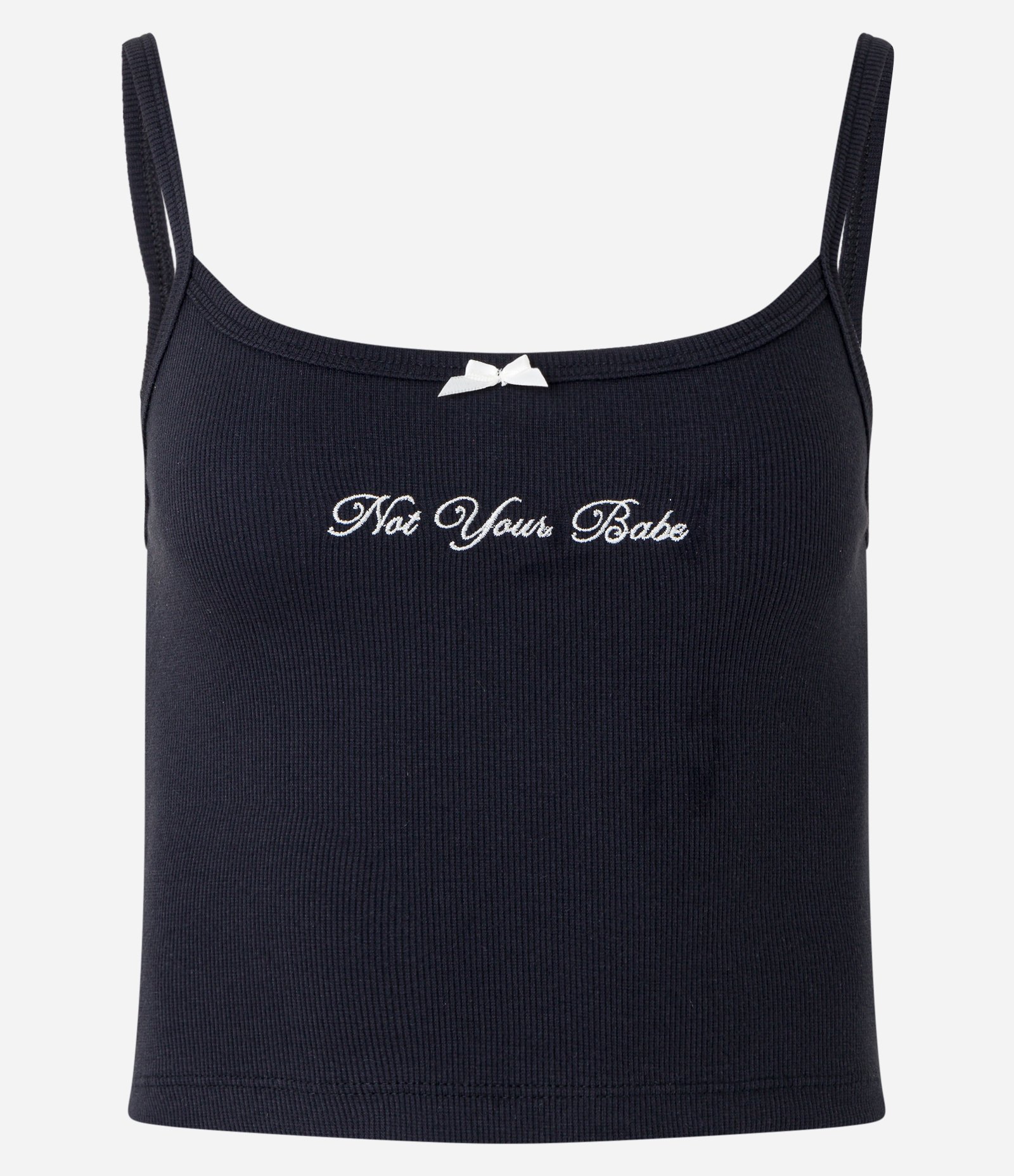 Blusa de Alcinha em Ribana com Lacinho e Bordado "Not Your Babe" Preto 5