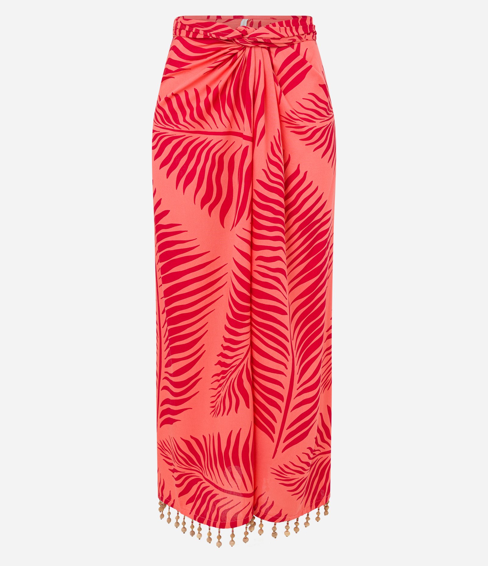 Saída de Praia Saia em Viscose com Multi Amarrações e Estampa Folhas Laranja/Vermelho 6