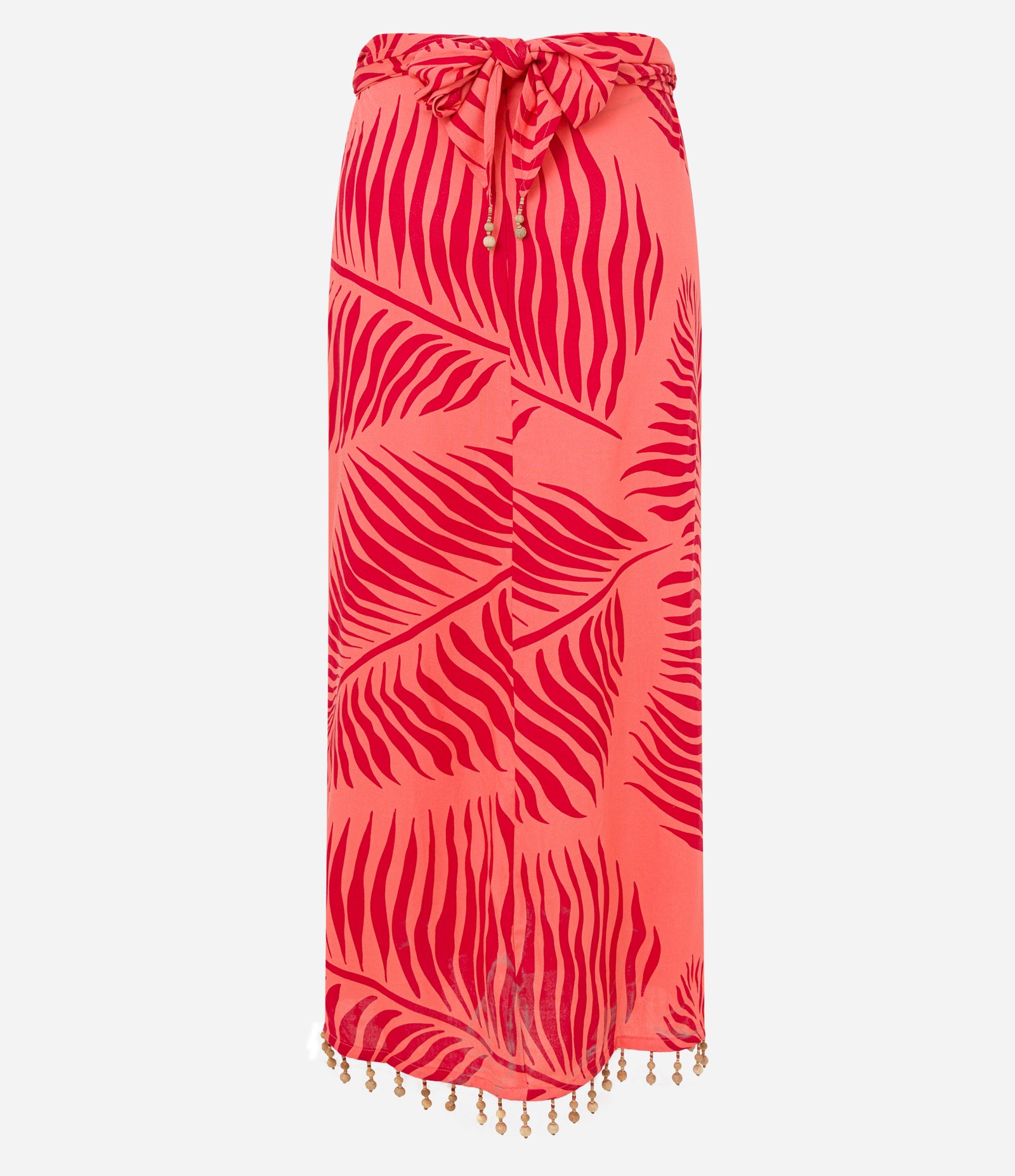 Saída de Praia Saia em Viscose com Multi Amarrações e Estampa Folhas Laranja/Vermelho 7