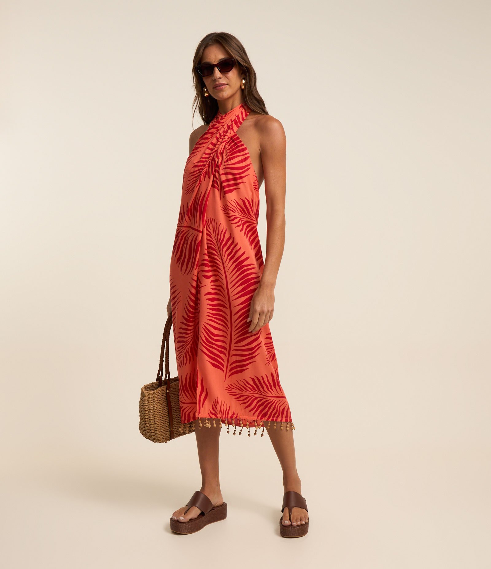Saída de Praia Saia em Viscose com Multi Amarrações e Estampa Folhas Laranja/Vermelho 3