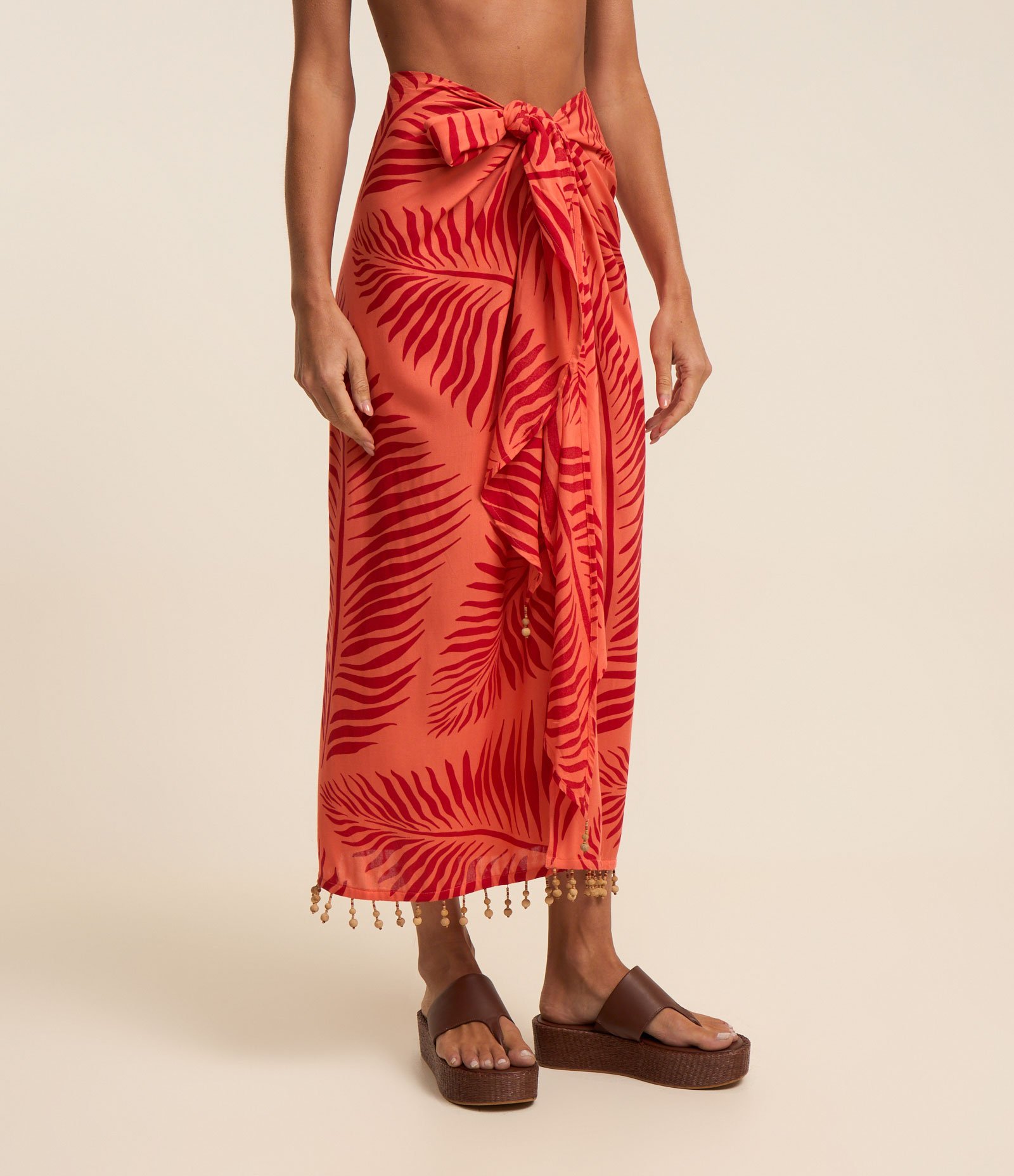 Saída de Praia Saia em Viscose com Multi Amarrações e Estampa Folhas Laranja/Vermelho 4