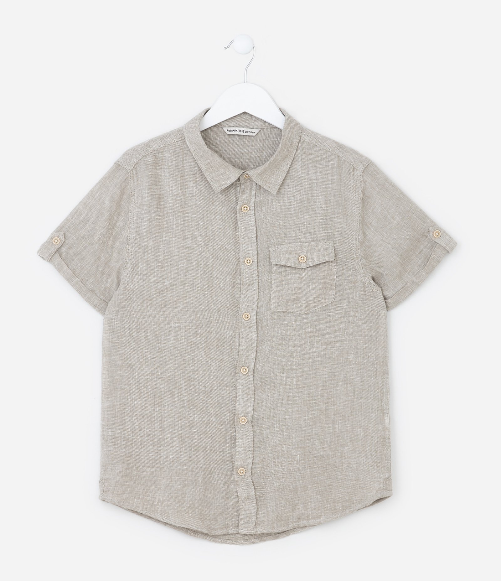 Camisa Infantil em Viscose e Linho com Bolsinho -Tam 5 a 14 Anos Bege 1